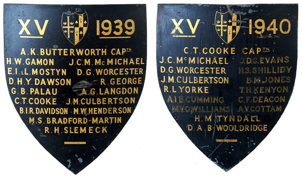 1939 & 1940 1st XV Rugby team shields, St Edwards' School, Oxford.