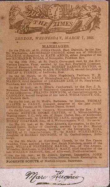  March 7 1883 Marriage announcement in The Times - John Culbertson to Florence Schütz 