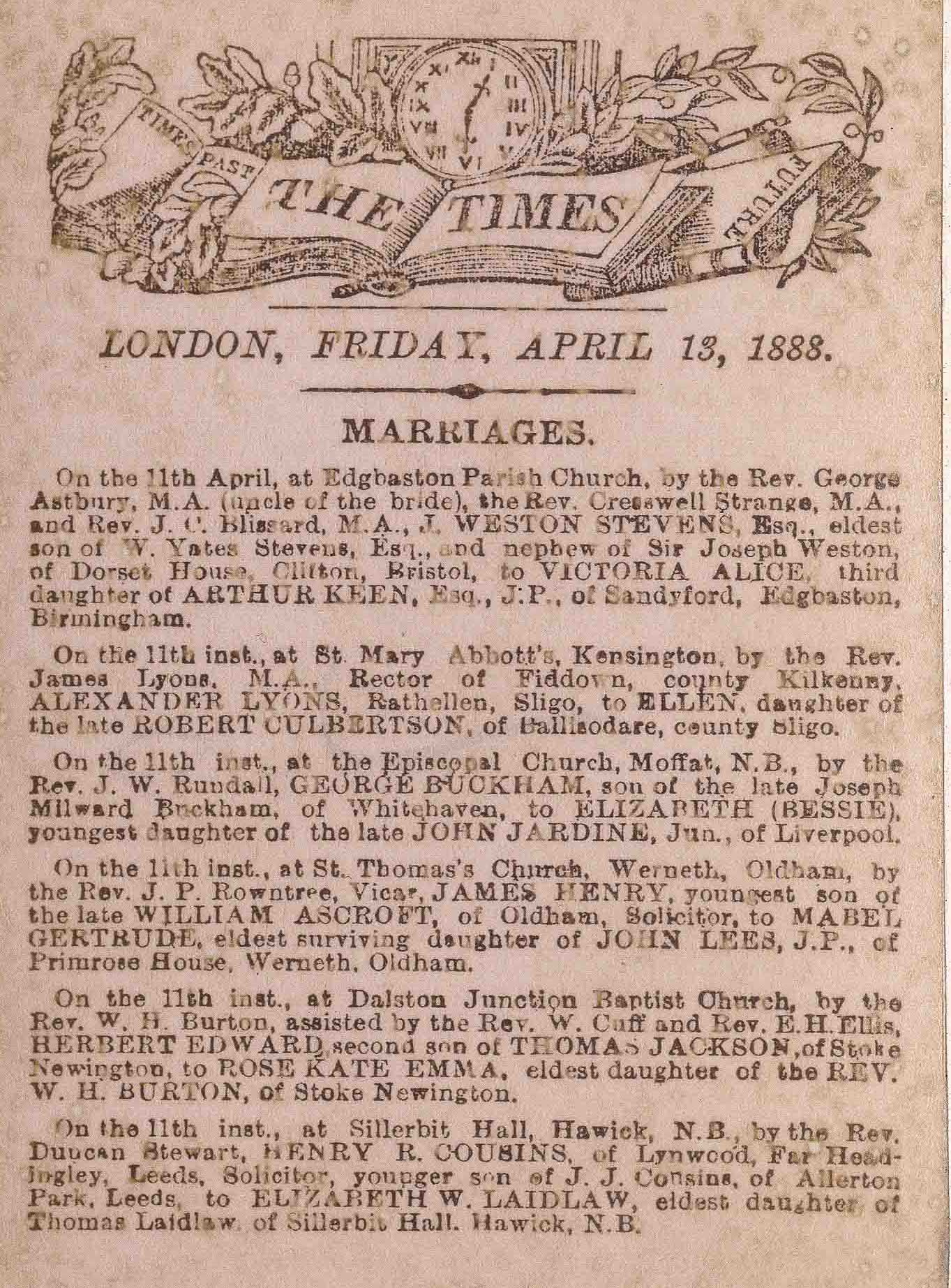  April 13 1888 Marriage announcement in The Times - Alexander Lyons to Ellen Culbertson - daughter of Robert Culbertson 
