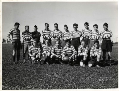  RNAS Hal Far rugby team 13-Mar-1959. J M Culbertson to left of rugby ball 