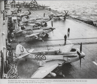  Fireflies of 812 & 814 squadron on deck of HMS Eagle in late 1952. Firefly 212 was flown by John Murray Culbertson 