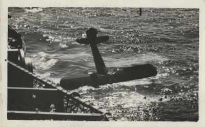  1944 - Swordfish crashing into sea shortly after take off from aircraft carrier. Crew of 3 in the sea. 3 of 3 