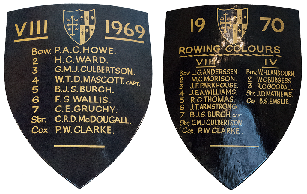 1969 & 1970 1st VIII rowing crew shields, St Edwards' School, Oxford