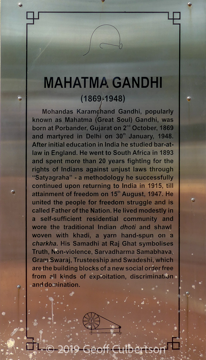 Plaque with brief history of Mahatma Gandhi